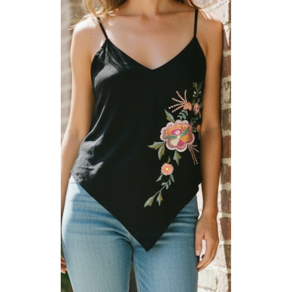 Red Cat Black Floral Embroidered Handkerchief Hem Cami Top Large
